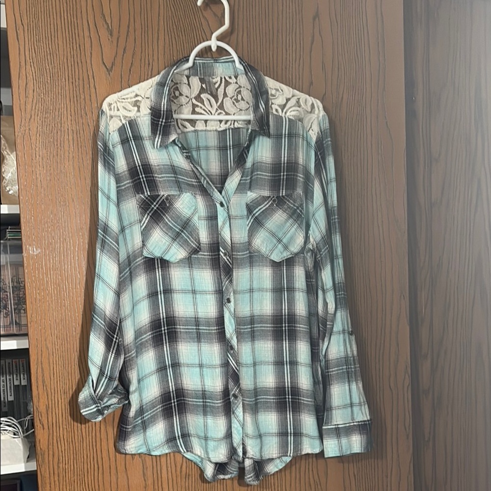 Vanity Fair Plaid Blouse with Lace Detail - Blue and Black